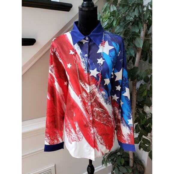 Women's Button Down Shirt XL Red & White Polyester Long Sleeve Stretch Collared - Picture 1 of 11